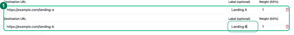 Two A/B rotation destinations, Landing A and Landing B, split 50/50 by weight