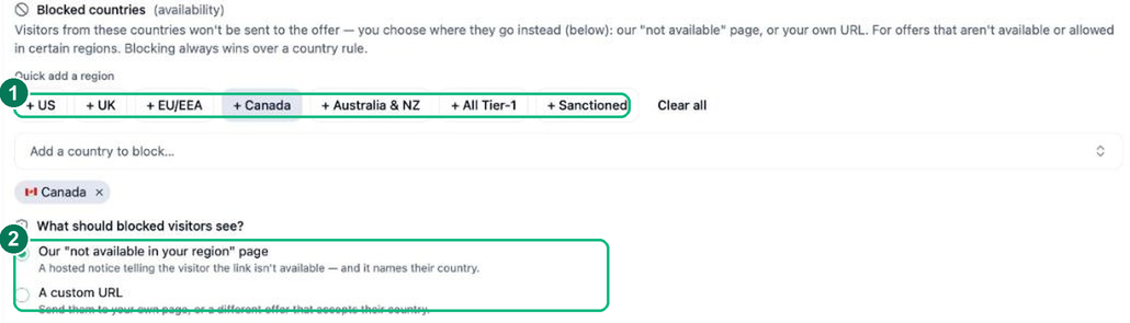 Blocked countries with quick-add regions and the options for what blocked visitors see