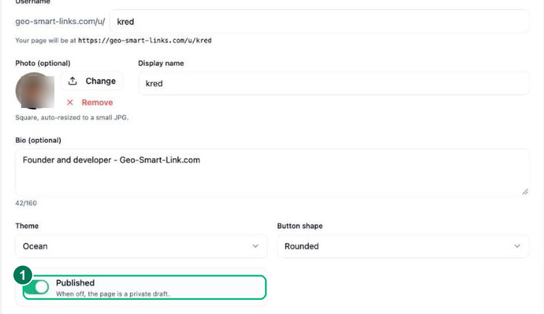 The link-in-bio builder with page details, blocks and a live mobile preview