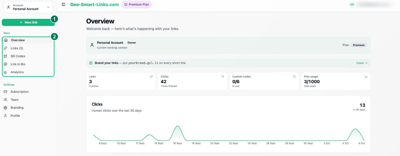 Geo-Smart-Links dashboard with the New link button and main navigation highlighted
