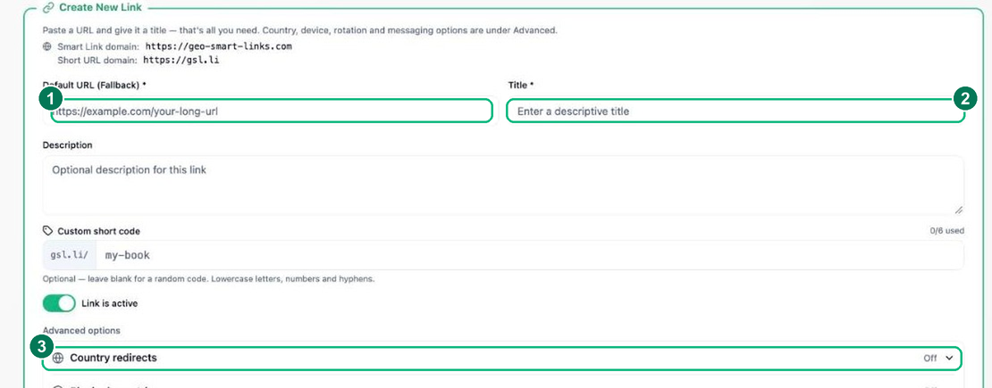 The Create New Link form with the Default URL, Title and Advanced options highlighted