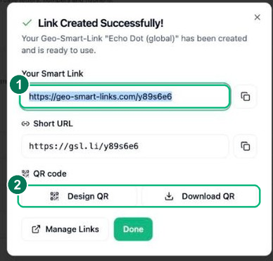 Link Created Successfully dialog showing the Smart Link, short URL and QR code options