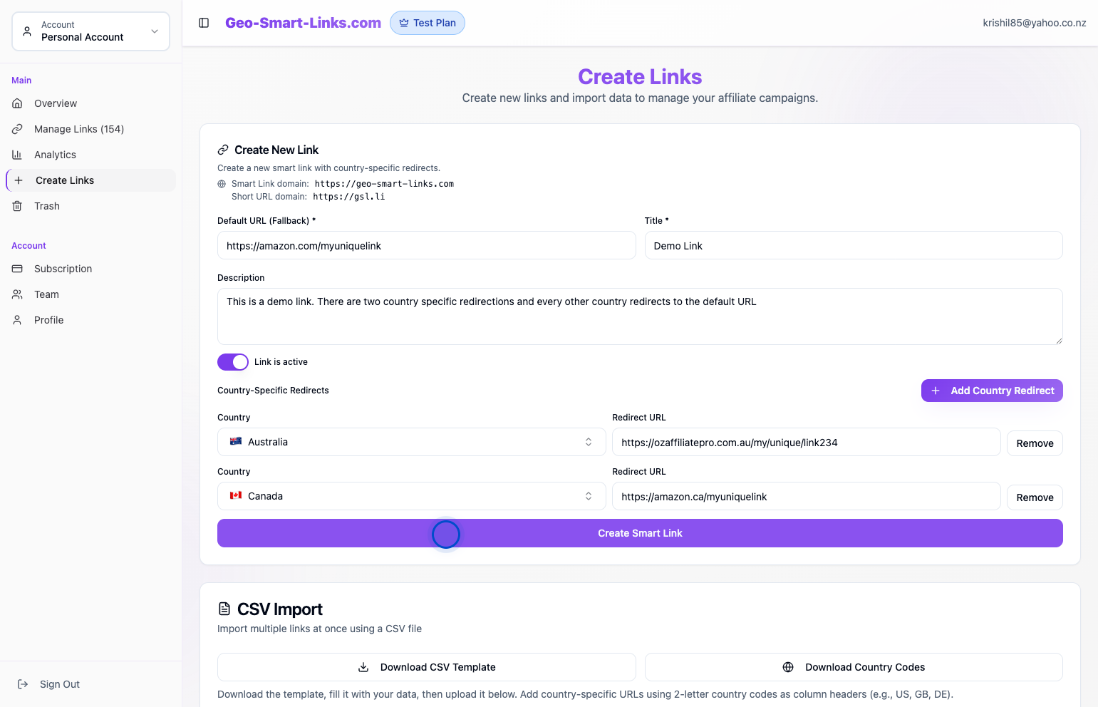 Create Smart Link button