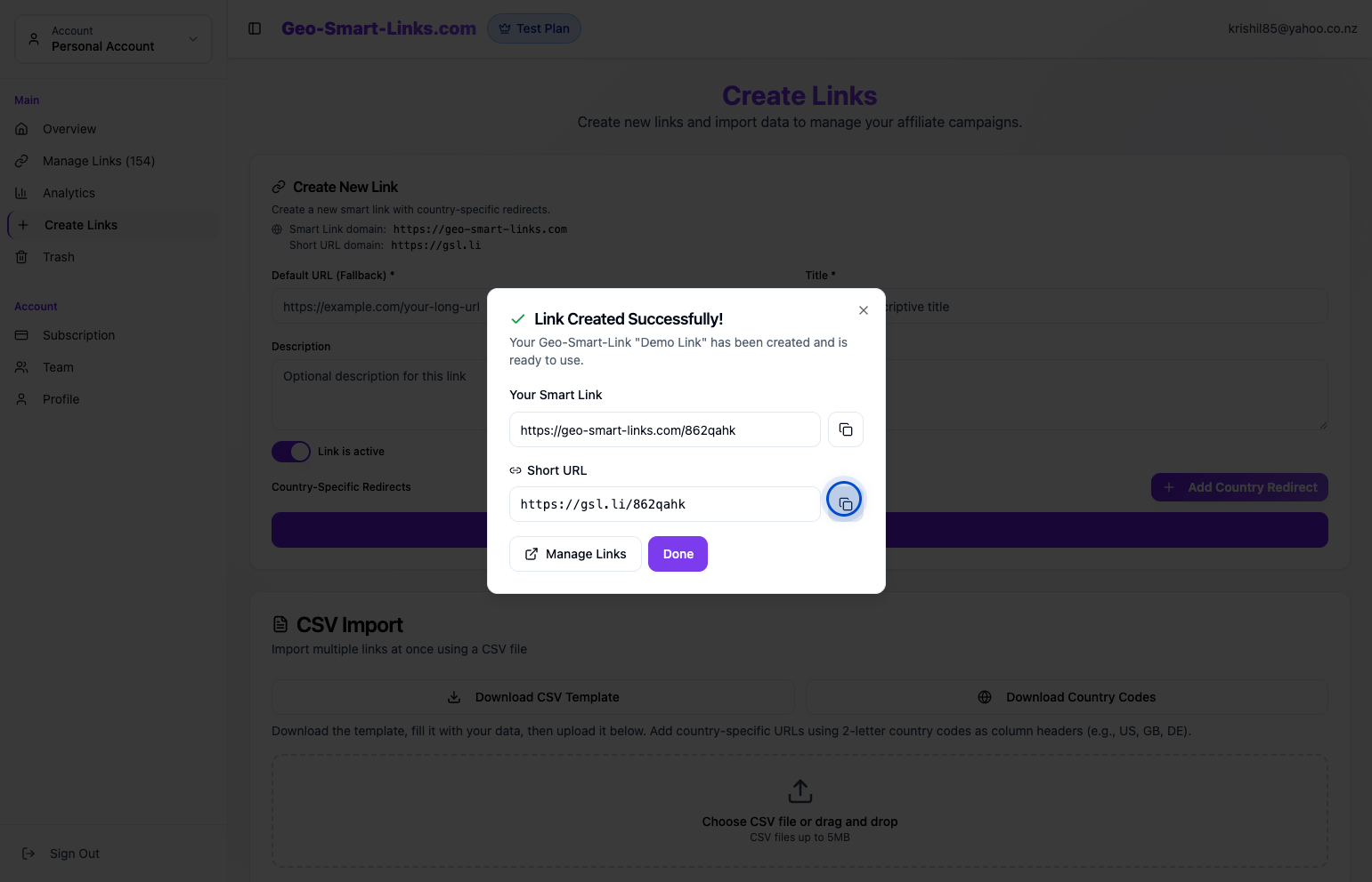 Link created dialog showing both short and full URLs