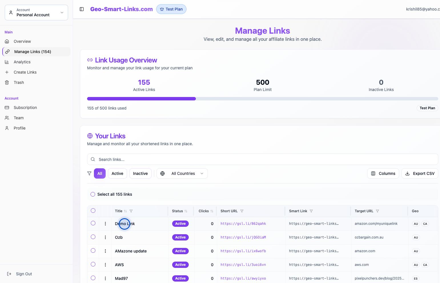 Manage Links page showing the new link