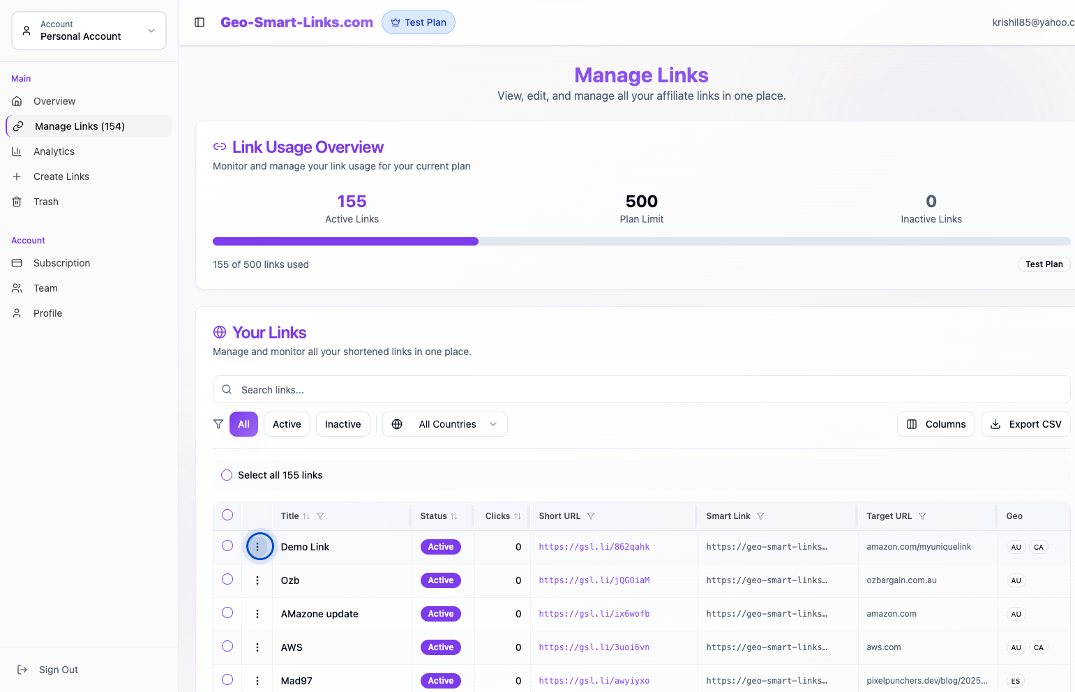 Three-dot actions menu for a link