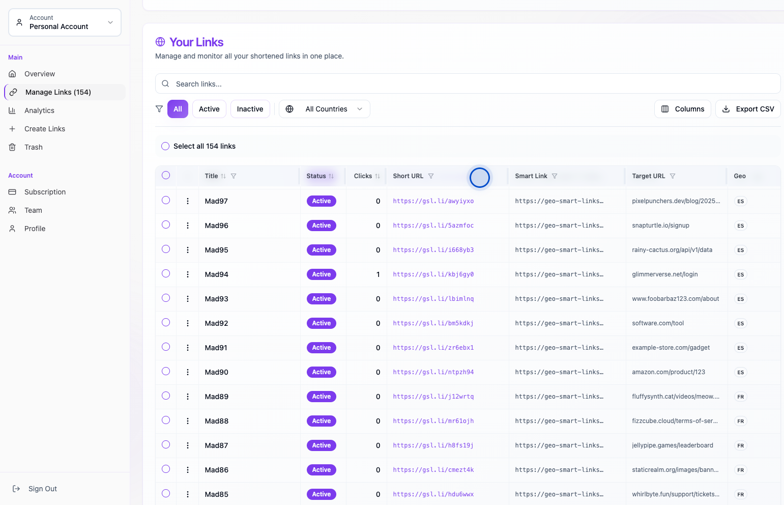 Manage Links page in the dashboard