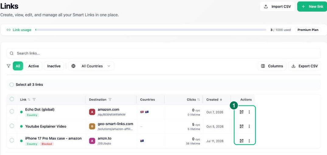 The Links table with search, filters, Export CSV and the per-row actions menu