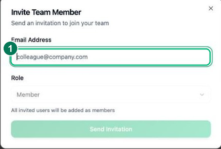 The invite dialog with the email address field and role selector