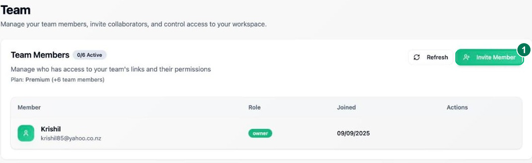 The Team page listing current members with the Invite Member button