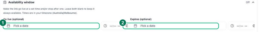 The Availability window with Go live and Expires date and time fields