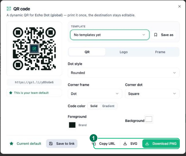 The QR designer with styling controls and PNG / SVG download buttons